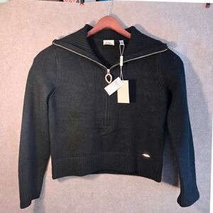 Elie Tahari Black Half-Zip Cropped Sweater Gold O-Ring EH541054 NWT Women M